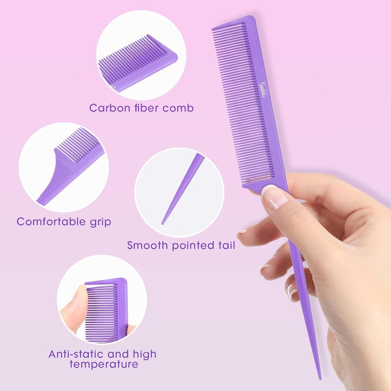 Kunihiko Rat Tail Comb2-in-1 Fine Tooth Parting Comb & Root Teasing Comb for Women - Carbon Fiber, Anti-Static, Purple & Black - Image 4